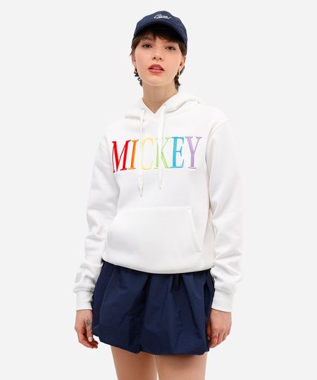 blusão feminino de moletom felpado mickey com capuz off white M