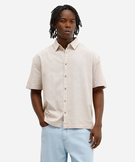 camisa masculina com linho manga curta bege GG