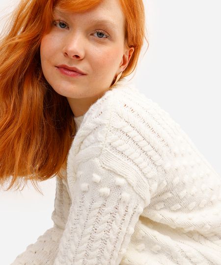suéter feminino de tricot texturizado off white PP suéter feminino de tricot texturizado off white PP