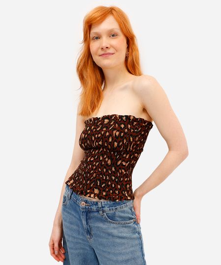 blusa feminina sem alça de viscose franzida animal print marrom M blusa feminina sem alça de viscose franzida animal print marrom M