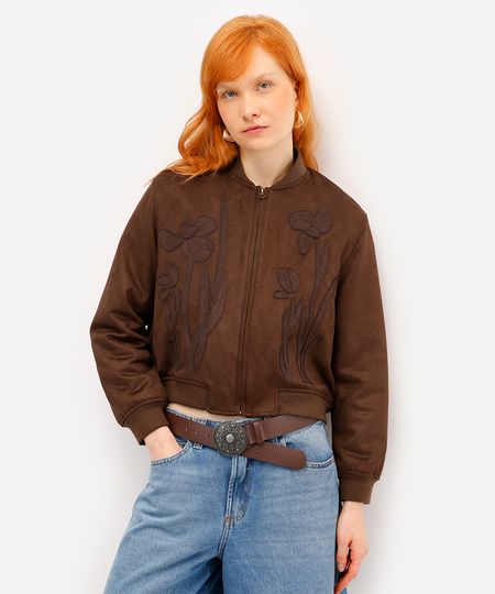 jaqueta bomber feminina de suede bordada marrom M