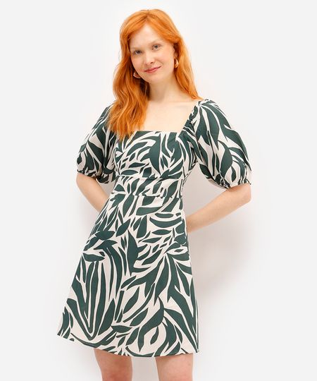vestido curto feminino com linho estampado off white PP