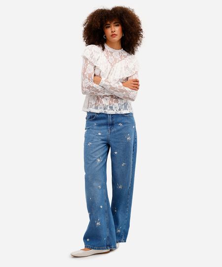 calça wide leg feminina jeans bordado floral azul 38 calça wide leg feminina jeans bordado floral azul 38