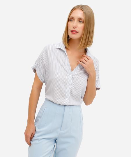 camisa feminina de viscose manga curta listrada azul P
