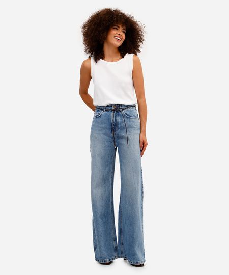 calça wide leg feminina jeans com cinto azul 38