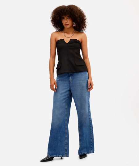 calça wide leg feminina jeans cós elástico azul 36