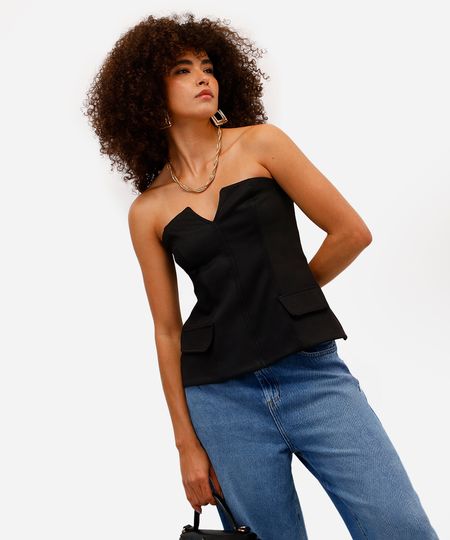 blusa sem alça feminina com recortes preta P