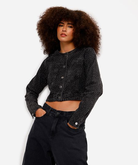 jaqueta feminina jeans com brilhos preta G
