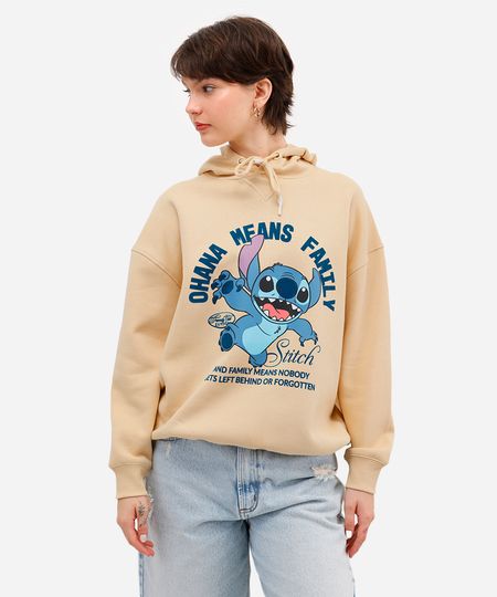 blusão feminino de moletom felpado com capuz stitch bege PP blusão feminino de moletom felpado com capuz stitch bege PP