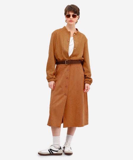 saia midi feminina de suede com fenda bege 42