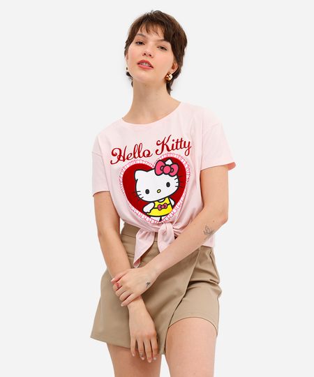 camiseta feminina de algodão hello kitty texturizada com amarração rosa G camiseta feminina de algodão hello kitty texturizada com amarração rosa G