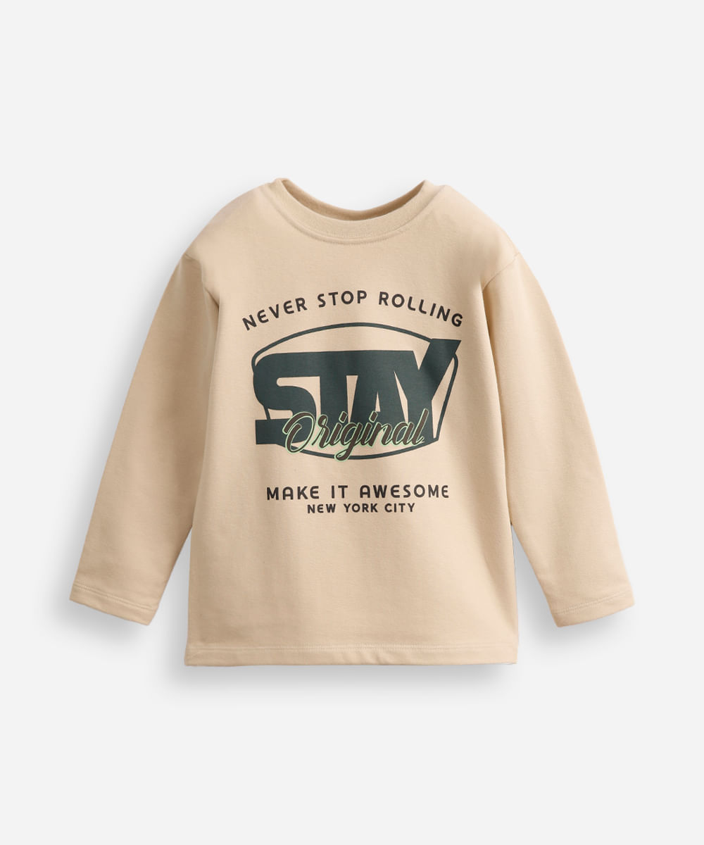 camiseta infantil de algodão manga longa estampada bege