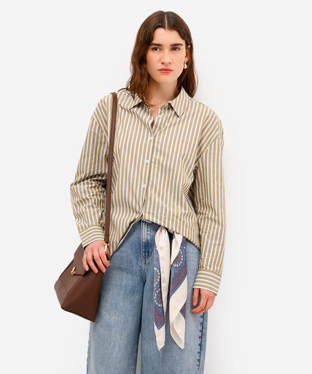 camisa oversized feminina de algodão listrada marrom P camisa oversized feminina de algodão listrada marrom P
