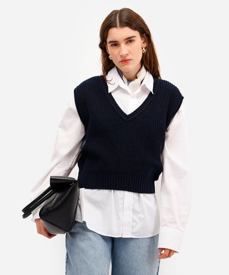 colete de tricot decote v azul PP