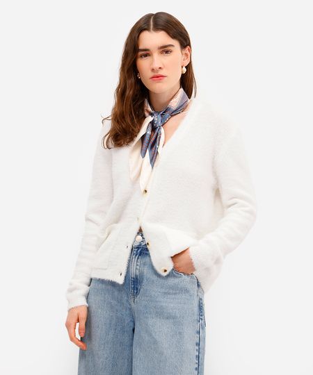 cardigan feminino de tricot com bolsos texturizado off white P