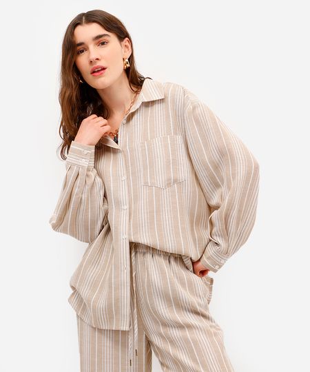 camisa feminina manga longa listrada bege PP