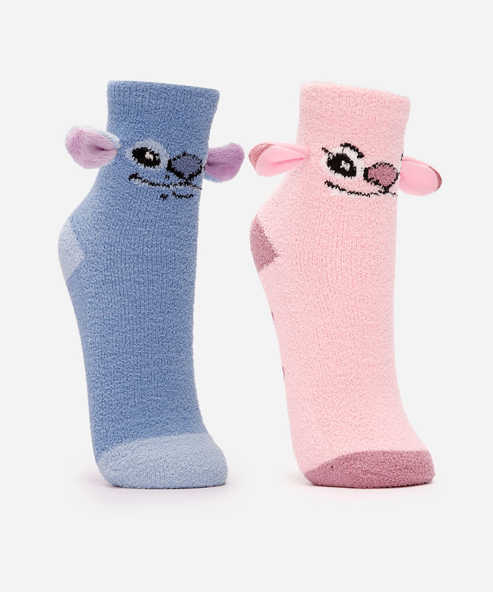 kit 2 meias infantis em fleece stitch e angel colorido