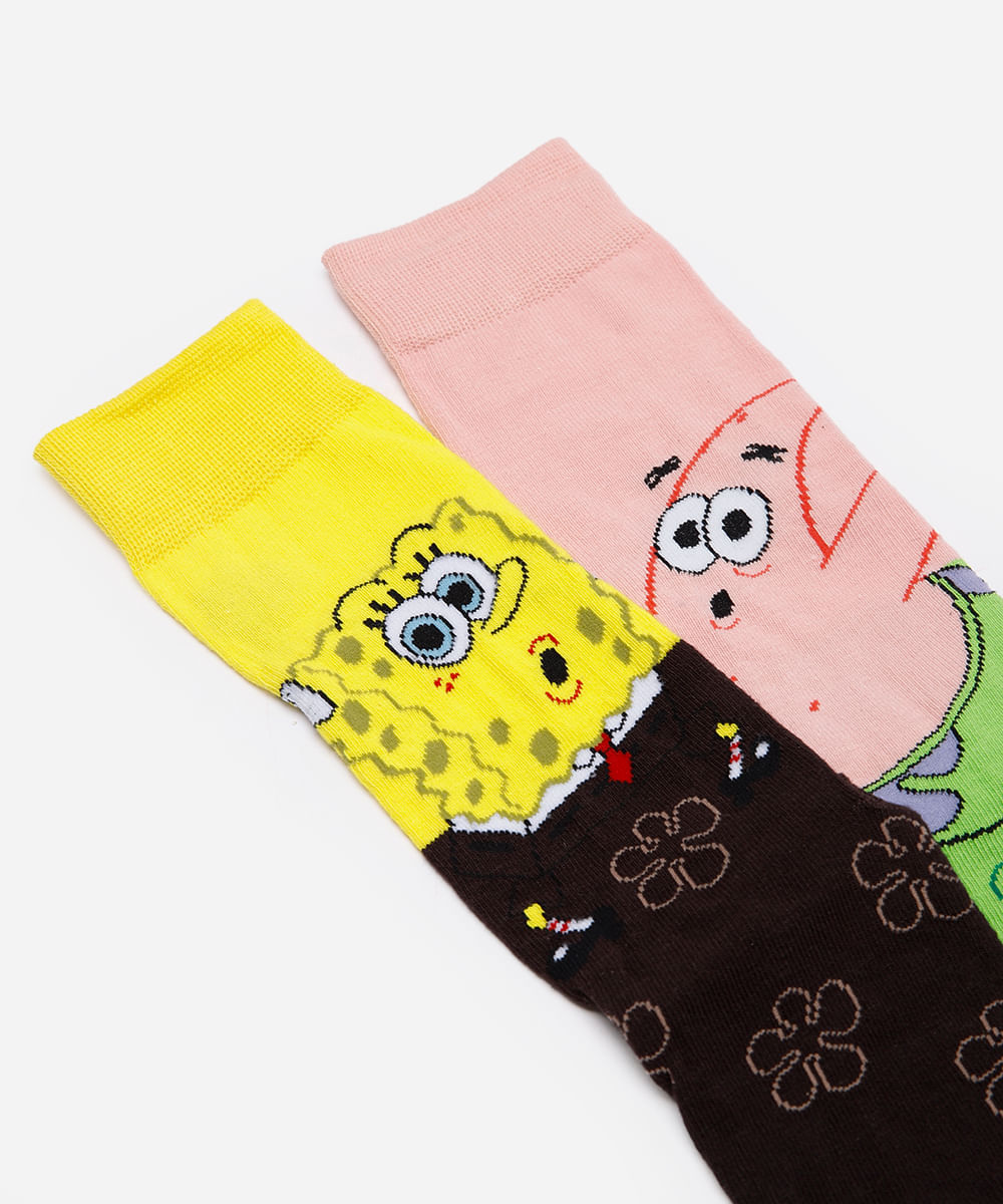 meia cano longo bob esponja colorida