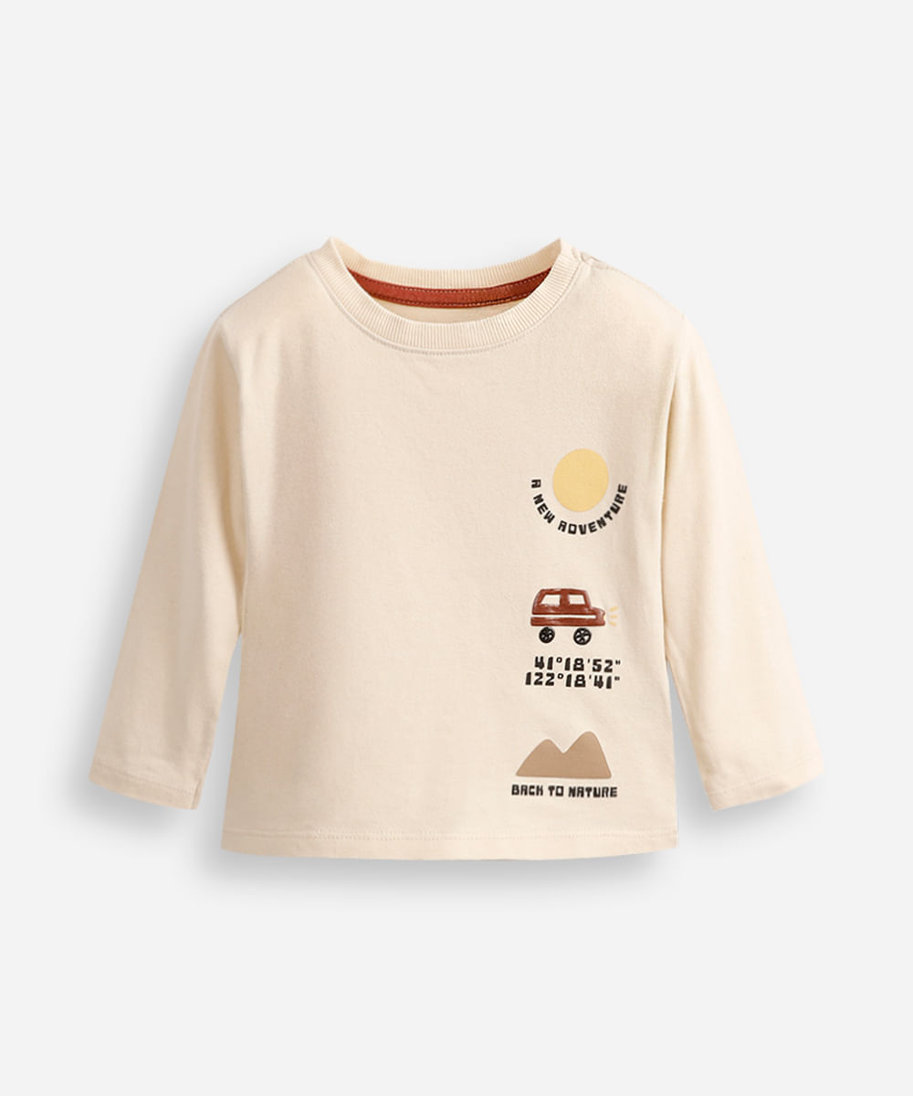 camiseta infantil de algodão manga longa estampada bege