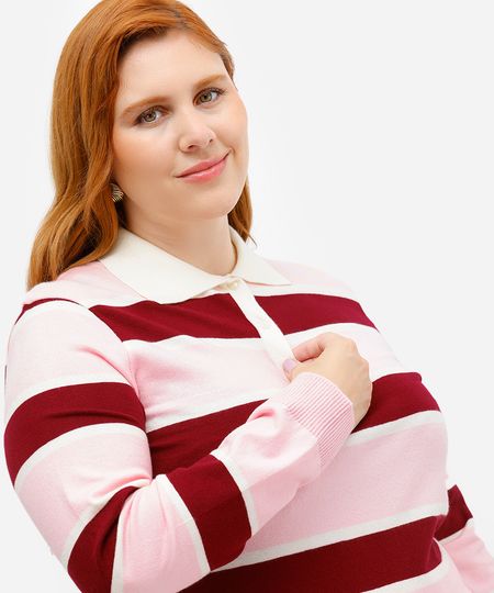 polo feminina de tricot listrada mindset plus size rosa GG4