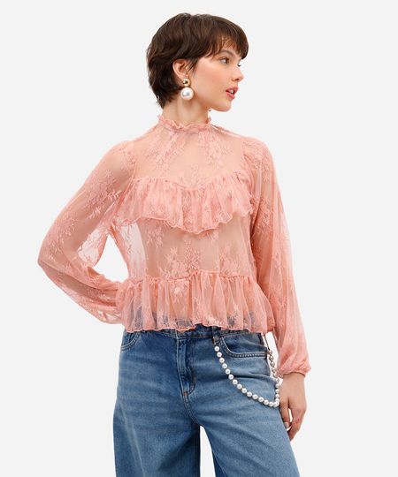 bata feminina de renda com babados floral rosa M bata feminina de renda com babados floral rosa M