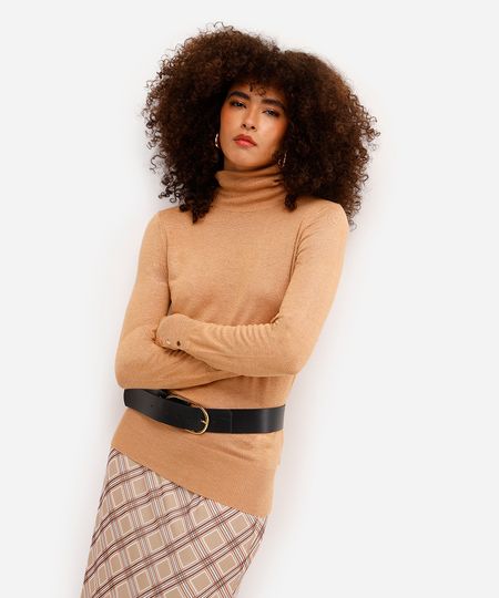 blusa feminina gola alta manga longa botões bege M