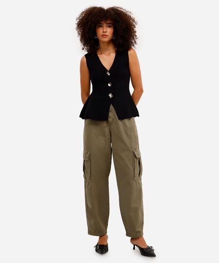 calça balloon feminina de sarja com bolsos cargo verde 36 calça balloon feminina de sarja com bolsos cargo verde 36