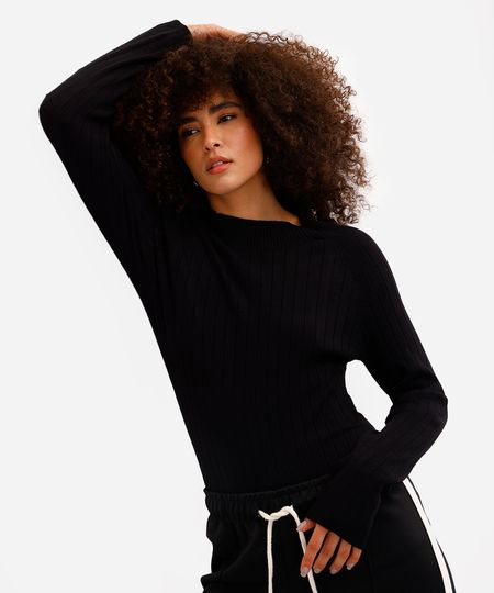 suéter feminino de tricot canelado preto M suéter feminino de tricot canelado preto M