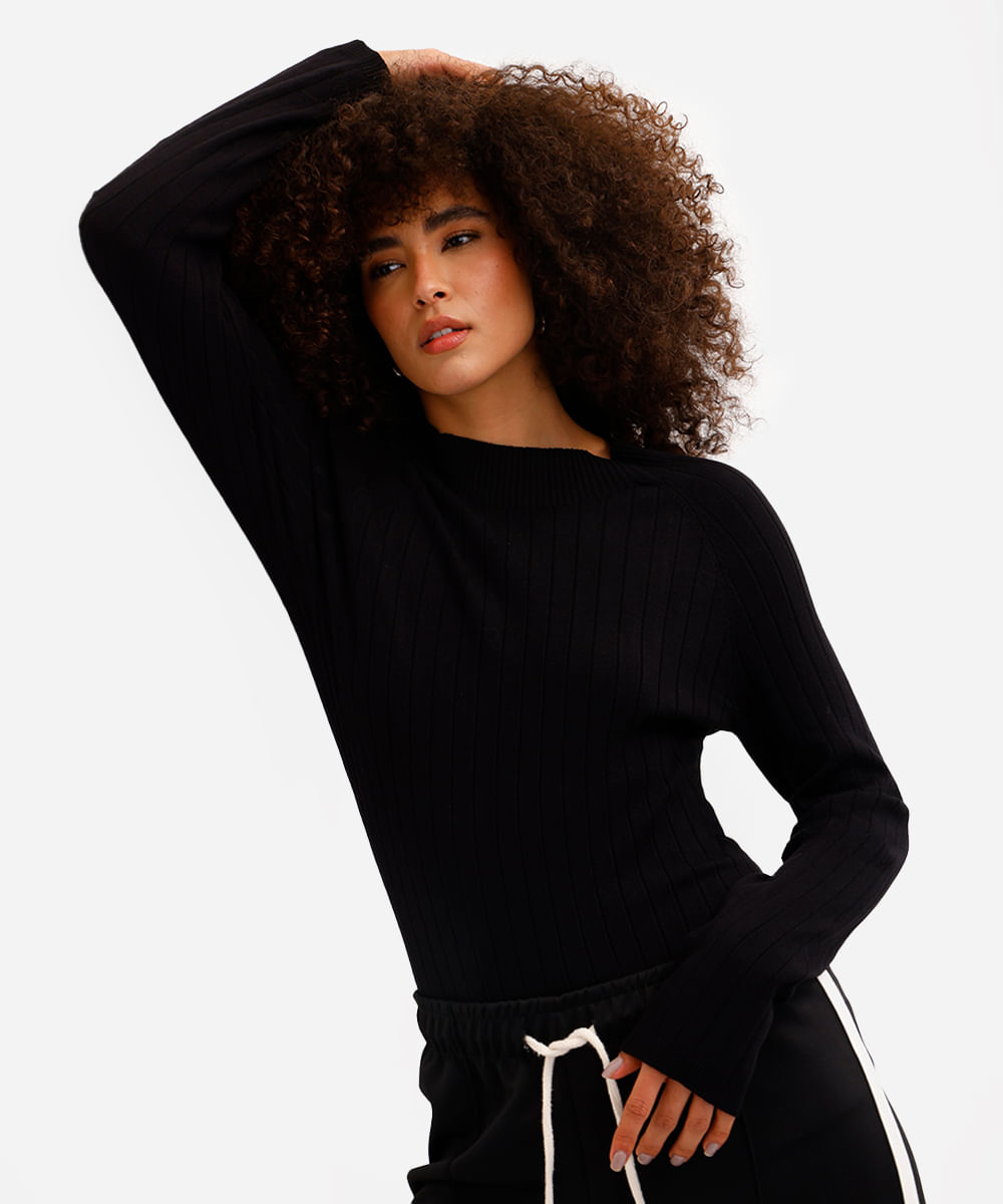 suéter feminino de tricot canelado preto