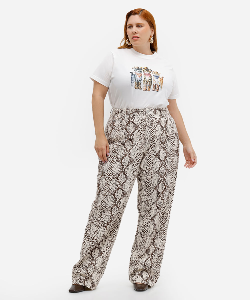 calça reta copenhagen feminina de sarja animal print mindset plus size colorida