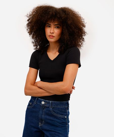 blusa baby look feminina básica decote v - preto P blusa baby look feminina básica decote v - preto P