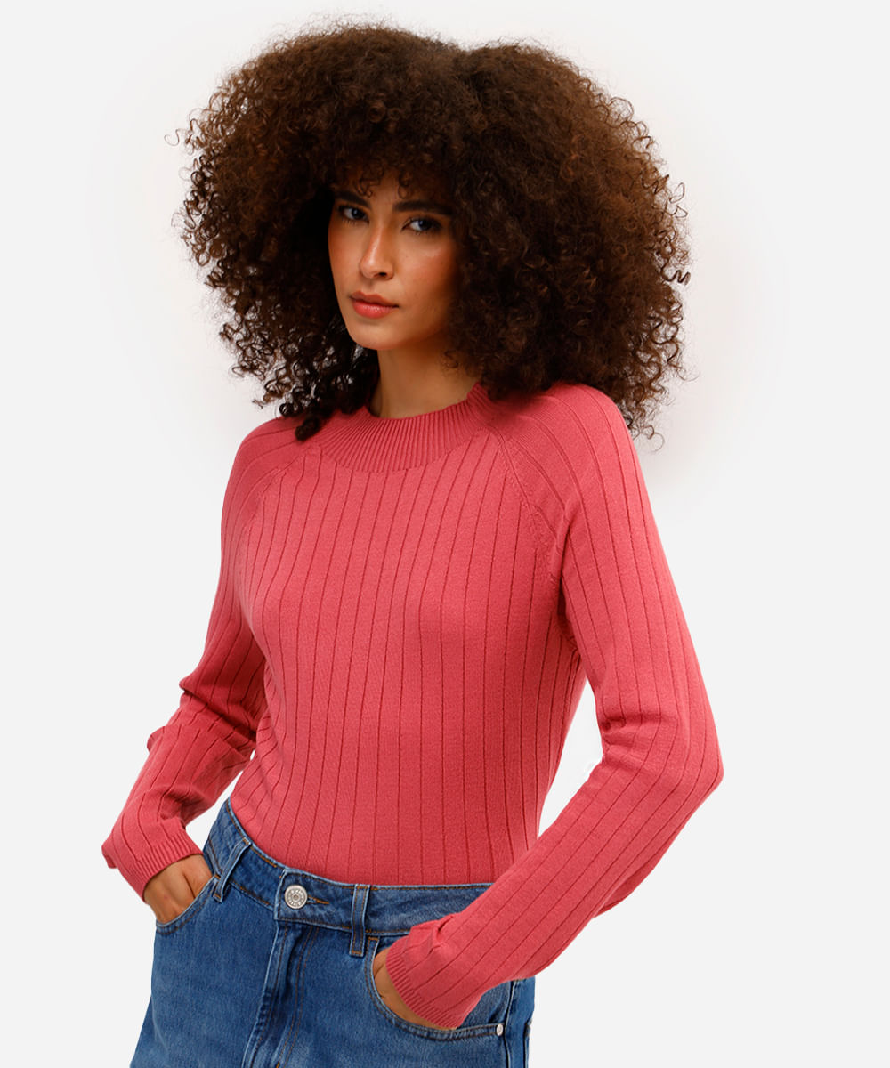 suéter feminino de tricot canelado rosa