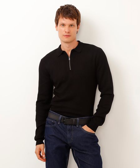 polo de tricot com zíper manga longa preta P