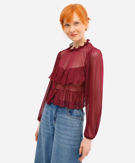 bata feminina de tule manga bufante com babados vinho G