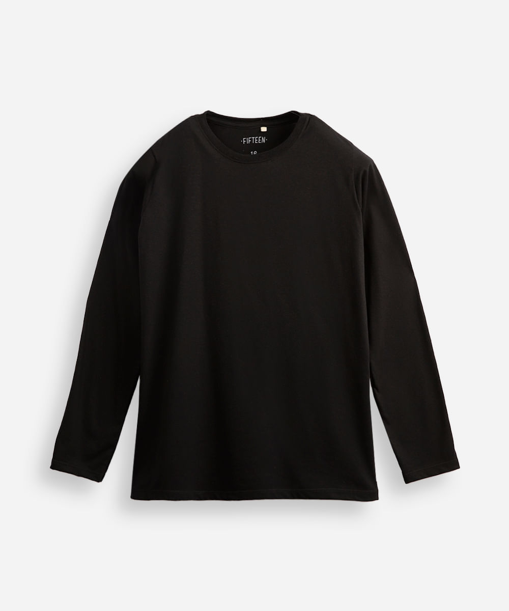 camiseta juvenil de algodão manga longa preta