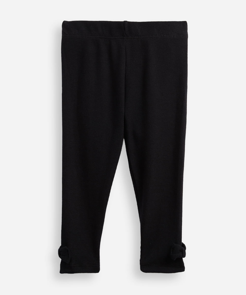 calça legging infantil de algodão com laços canelada preta