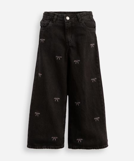 calça wide leg infantil jeans bordado laços preta 4 calça wide leg infantil jeans bordado laços preta 4