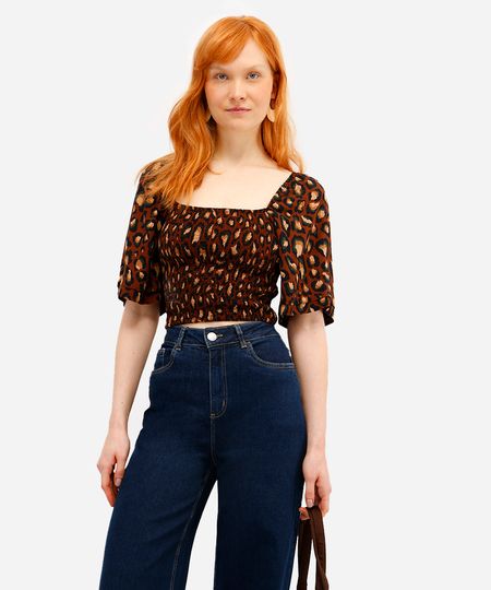 blusa feminina de viscose com lastex animal print marrom PP blusa feminina de viscose com lastex animal print marrom PP