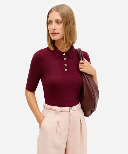 polo feminina de tricot manga curta vinho PP