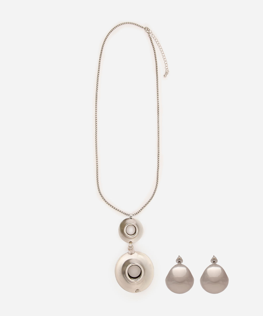 kit colar e brinco com pingente esfera prateado