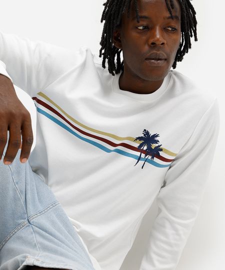 camiseta masculina manga longa com listrada off white P camiseta masculina manga longa com listrada off white P