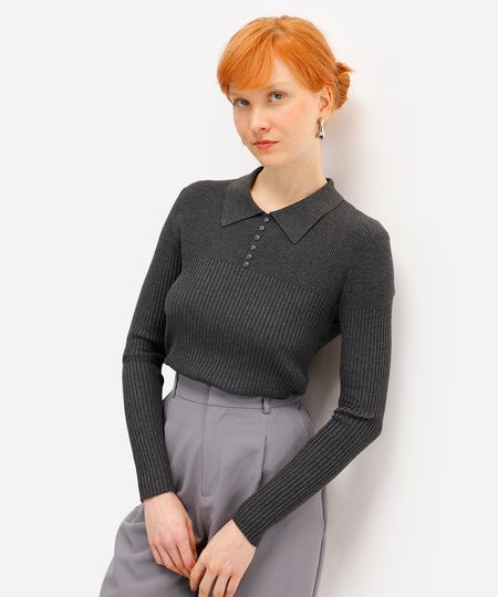 suéter polo feminino de tricot canelado cinza PP