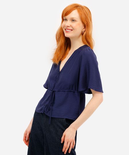 blusa feminina com viscose manga curta azul PP