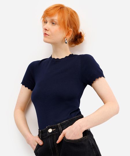 blusa feminina de tricot manga curta azul PP