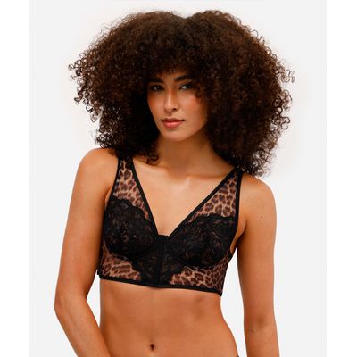 sutiã cropped feminino de tule e renda animal print bege
