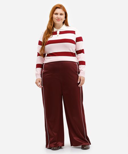 calça reta feminina com nervuras mindset plus size vinho GG1