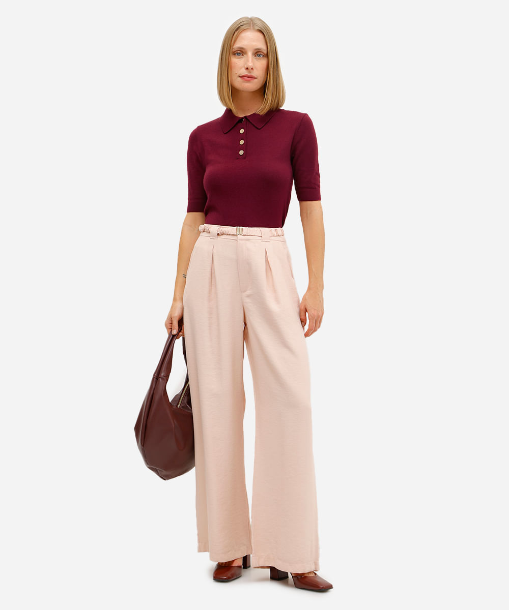 calça de alfaiataria feminina de viscose com cinto rosa