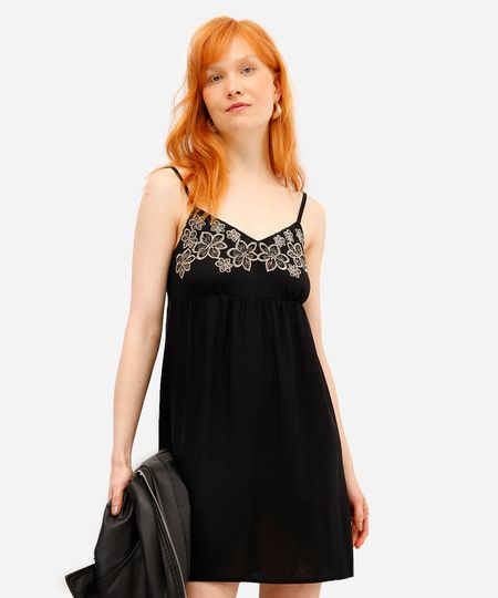 vestido curto feminino alça fina com linho floral preto M