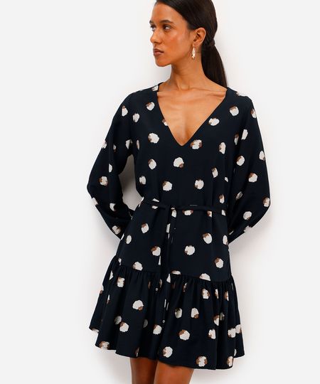 vestido curto feminino de viscose poá com babado preto M
