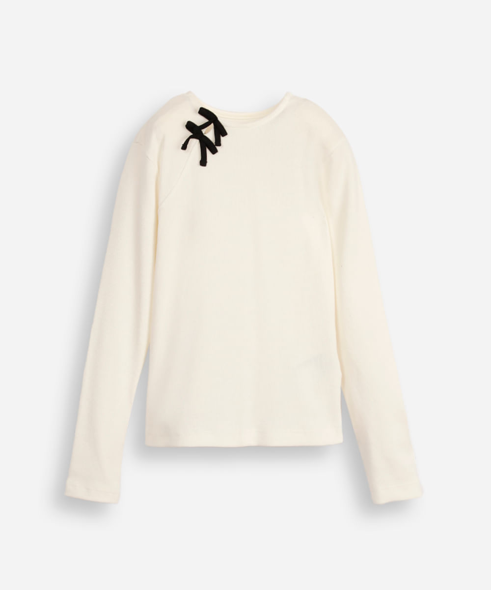 blusa infantil manga longa canelada com lacinho off white
